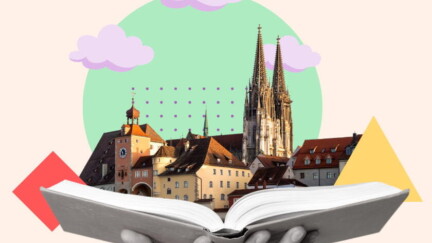 Das Stadtzentrum von Regensburg auf einem riesigen aufgeschlagenen Buch