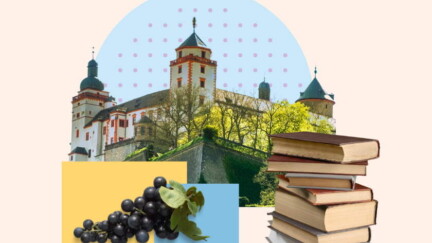 Die Festung Marienberg bei Würzburg, ein Stapel Bücher und Weintrauben