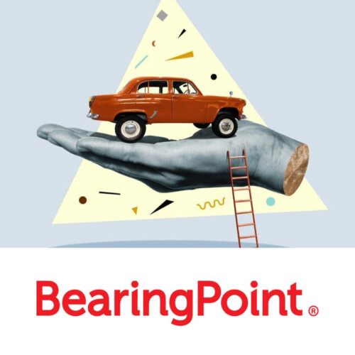 Ein Auto wird auf einer großen Hand zur Schau dargestellt, darunter das Logo von BearingPoint