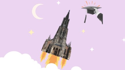 Ulmer Münster hebt ab und fliegt in einem Sternenhimmel