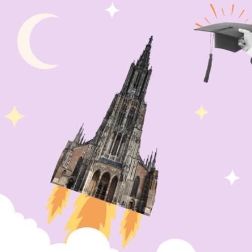 Ulmer Münster hebt ab und fliegt in einem Sternenhimmel