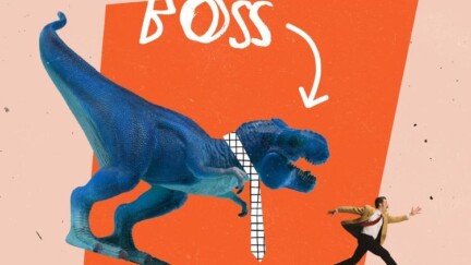 Ein Businessmann rennt vor einem T-Rex davon. Der T-Rex trägt eine Krawatte und ein Pfeil neben dem Wort "BOSS" zeigt auf ihn.