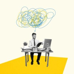 Ein Mann sitzt auf seinem Arbeitstisch und über seinem Kopf sind viele Linien durcheinander