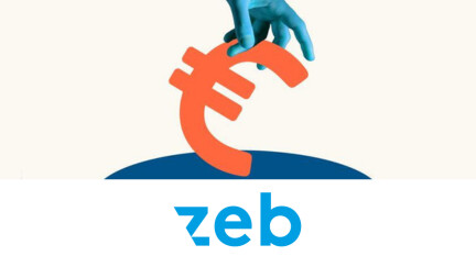 Blaue Hand, die oranges Eurozeichen festhält. Darunter das Logo von zeb.